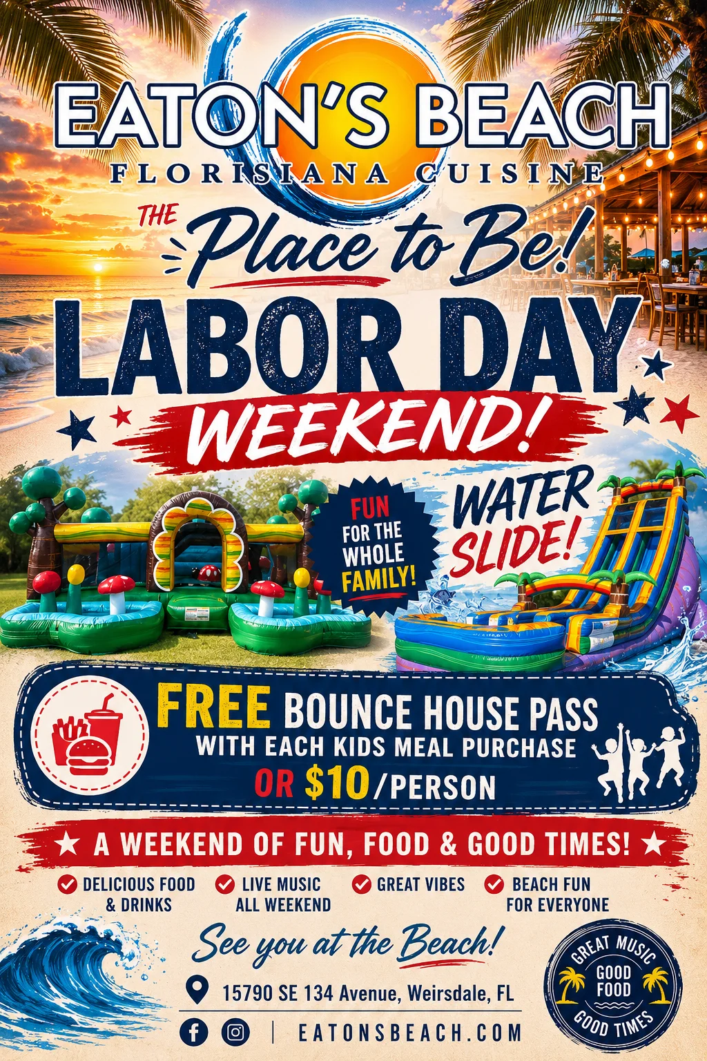 Event schedule for live music at Eaton's Beach Sandbar & Grill