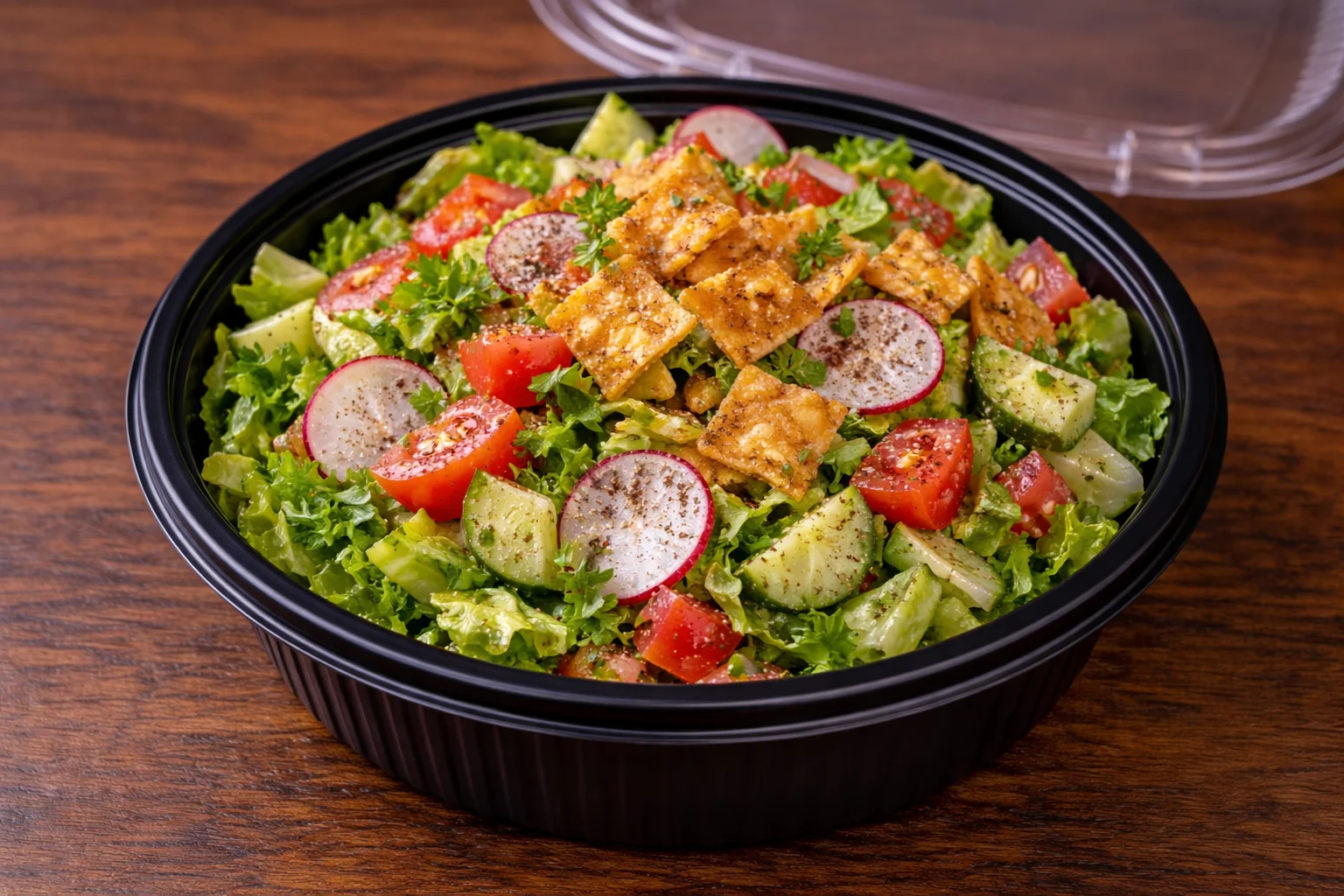 A fresh salad with lettuce, tomatoes, radishes, and cucumbers, topped with crunchy pieces and spices, served in a black container.