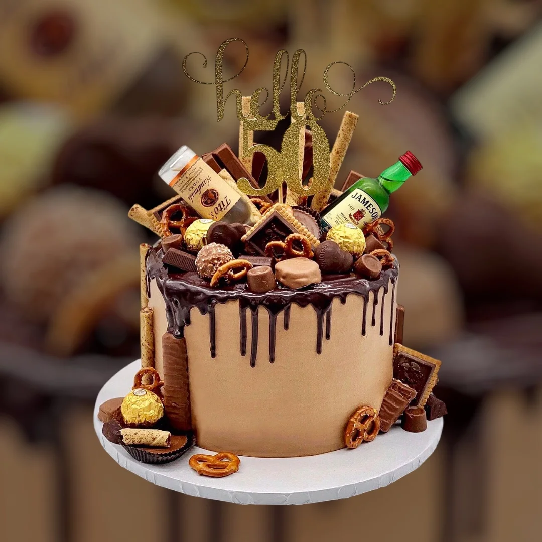 Decadent chocolate birthday cake with festive decorations