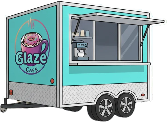 A colorful food truck named 'Glaze Café' with a window for serving customers. The truck is adorned with a coffee and donut logo.