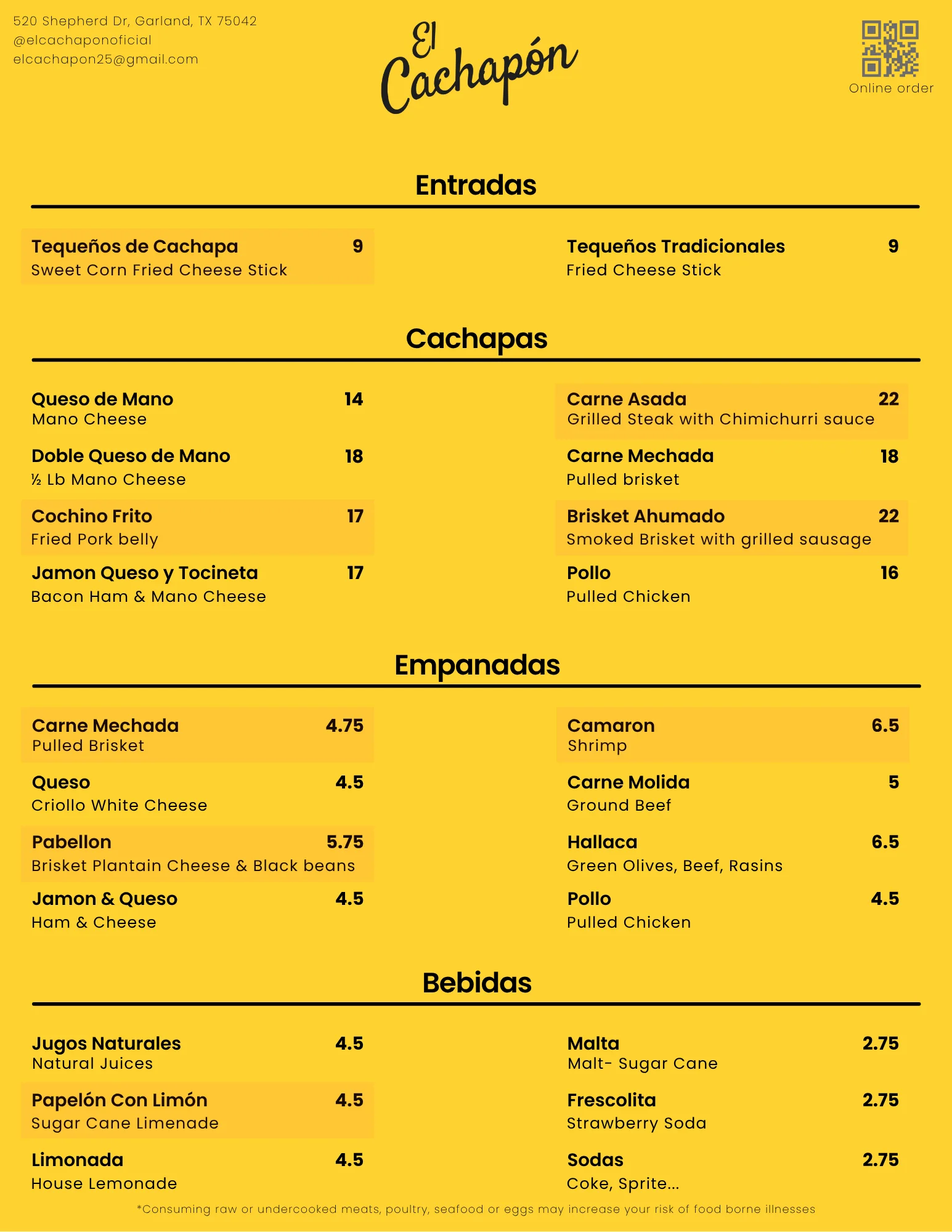 Menu of Venezuelan cachapas and empanadas at El Cachapón restaurant