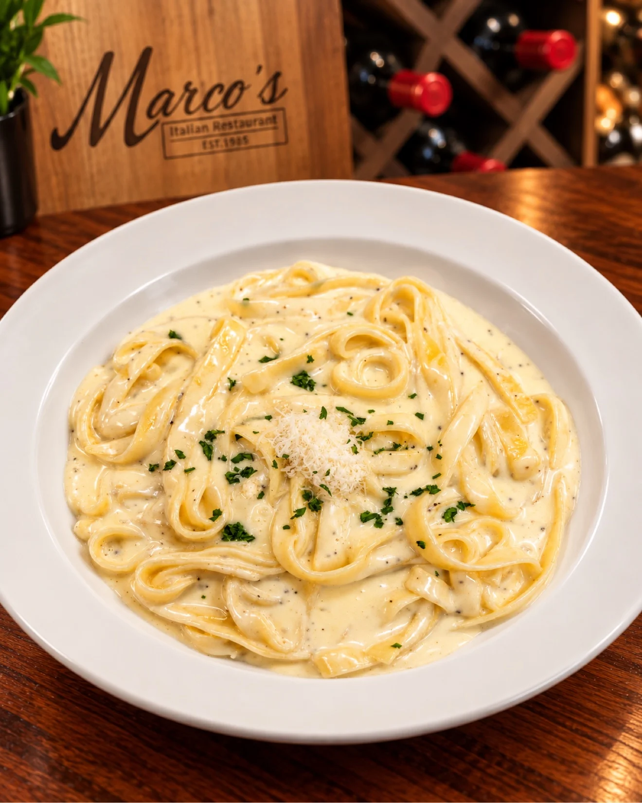 Fettuccine pasta with creamy white sauce at Marco's Italian Restaurant in Ashland VA