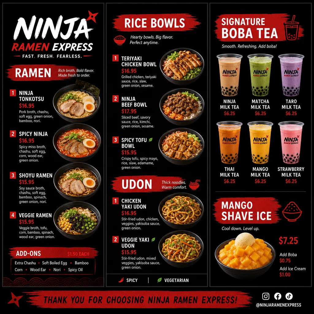 A colorful menu showcasing various ramen dishes, rice bowls, udon bowls, and signature boba tea options available at Ninja Ramen Express.