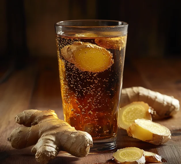 Refreshing ginger ale with fresh ginger slices