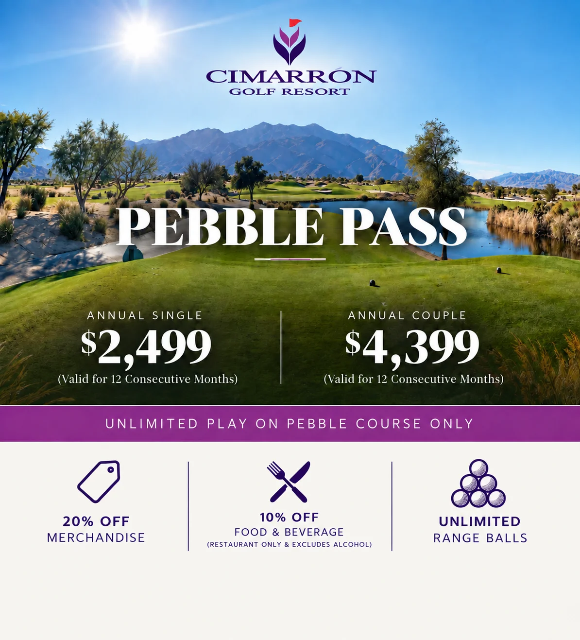 Cimarron Golf Resort Pebble Pass membership offer with scenic golf course view