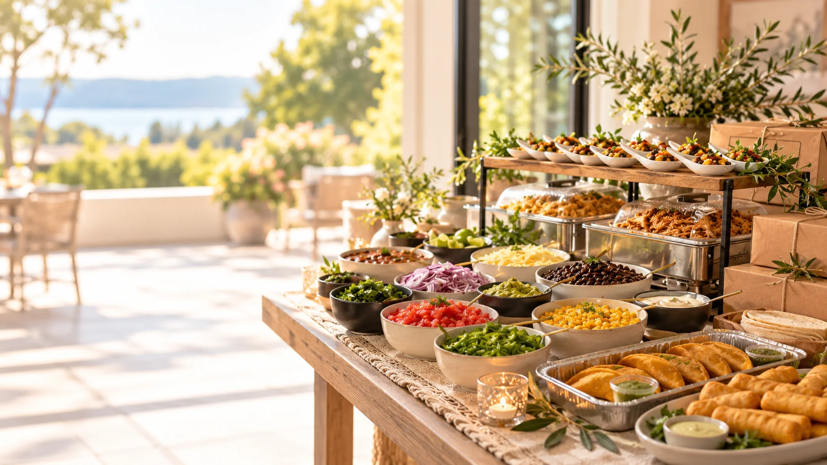 Vibrant taco bar setup with fresh toppings and sides