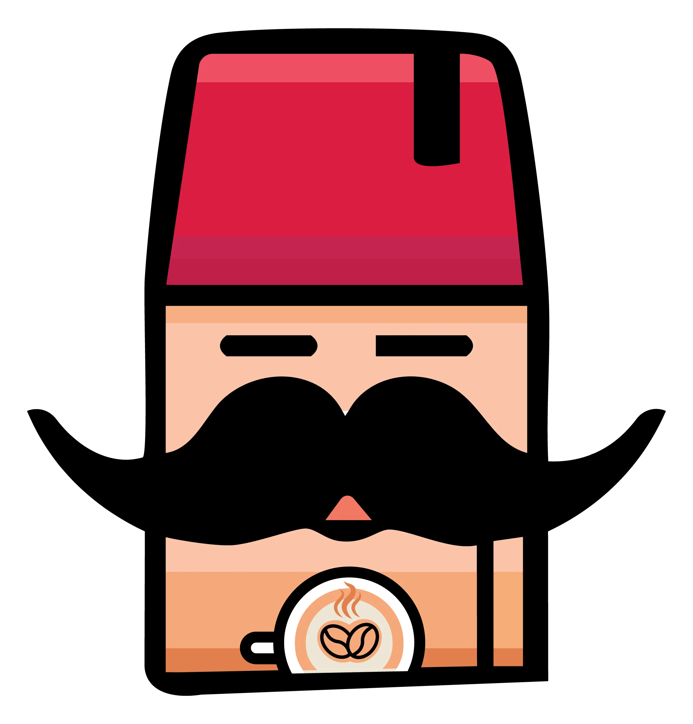 A stylized graphic of a coffee cup with a mustache and a fez hat, suggesting a playful concept of coffee culture.