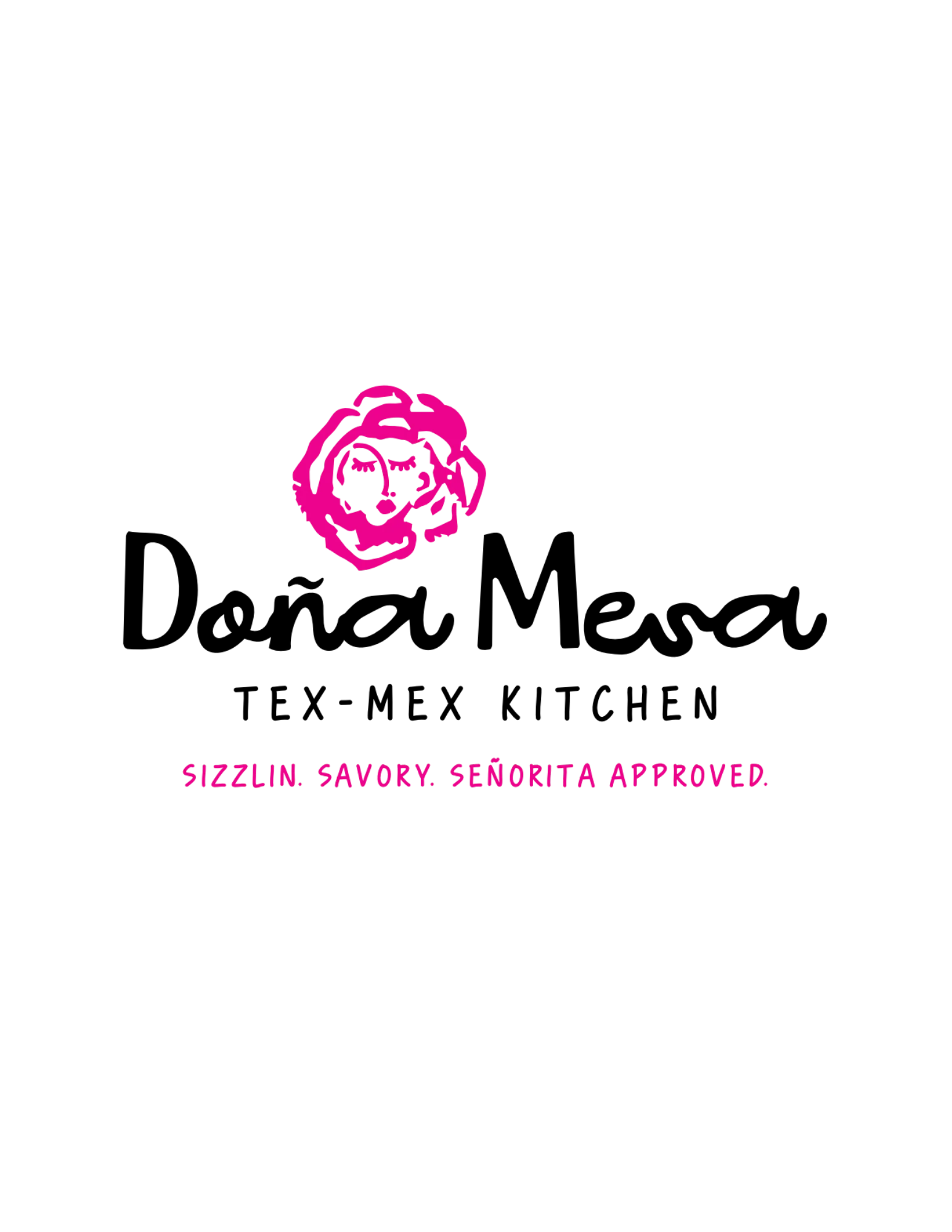 A logo for a Tex-Mex kitchen featuring a stylized rose and playful typography.