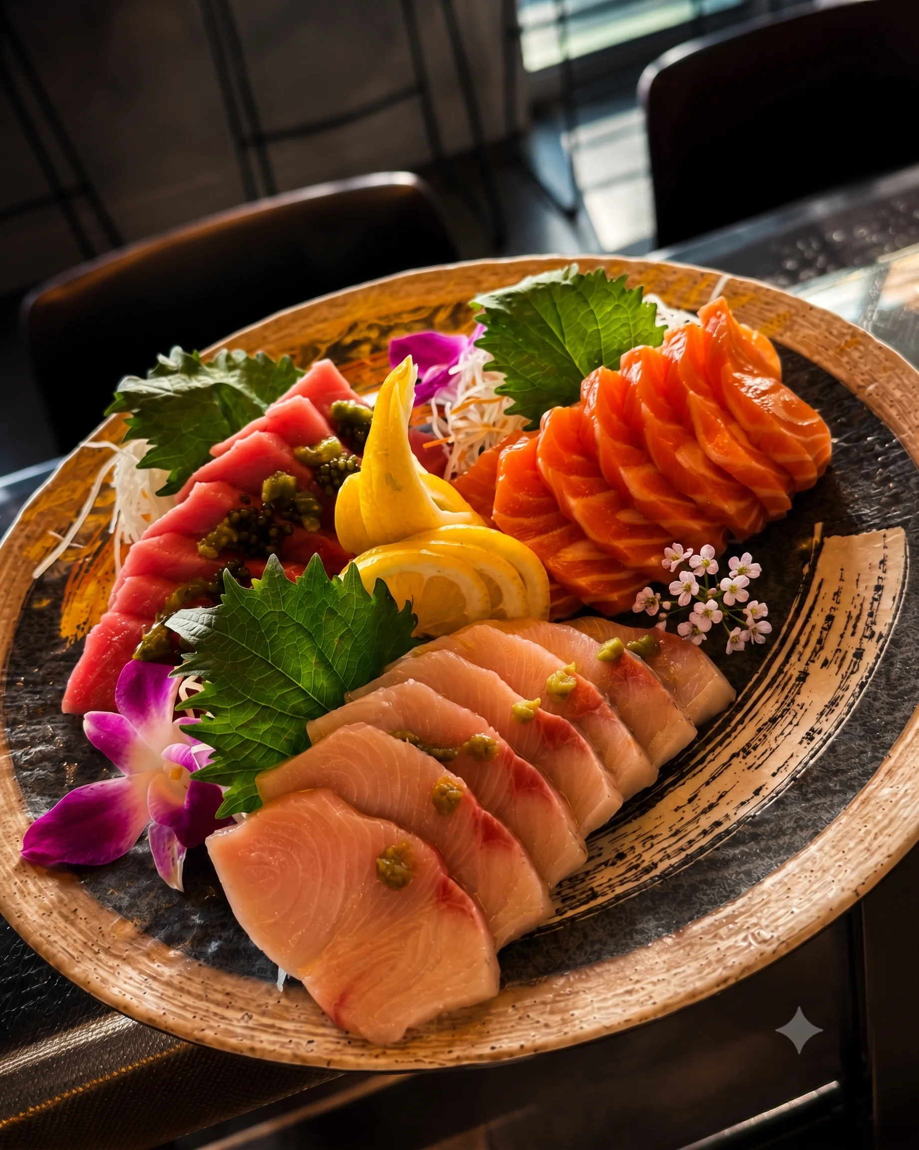 Assorted Japanese sashimi platter with fresh fish and garnishes