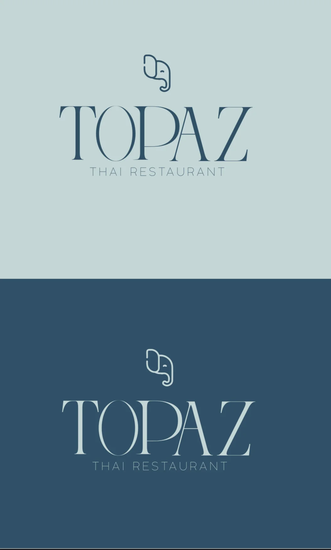 Logo design for Topaz Thai Restaurant featuring an elephant motif