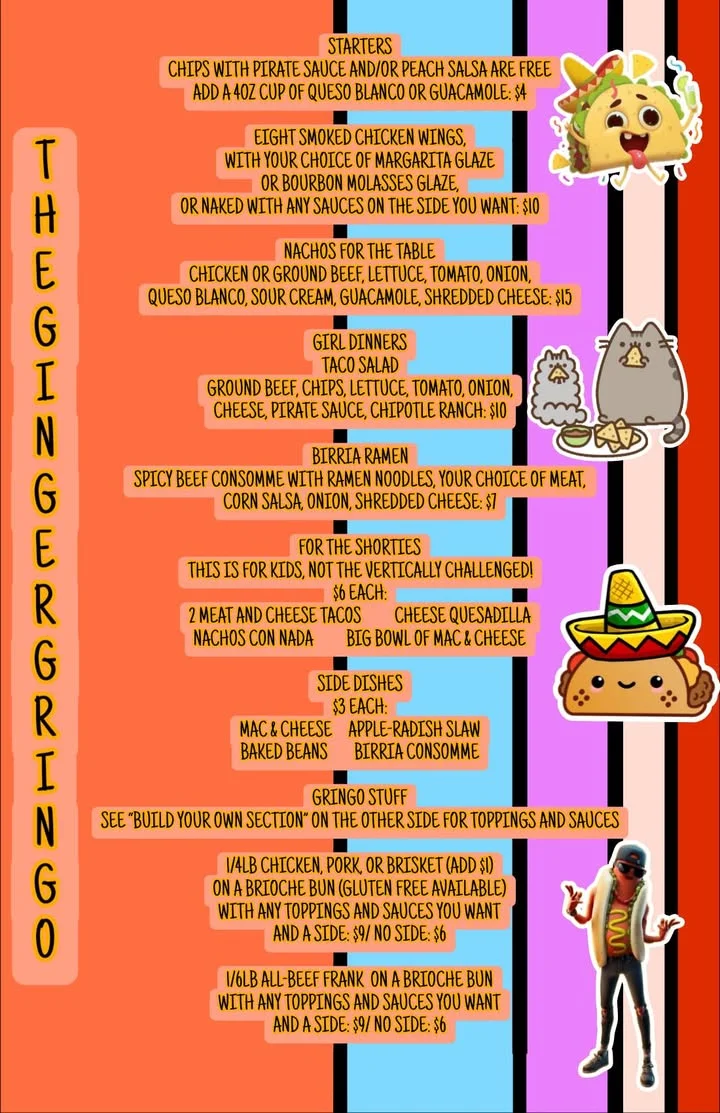 A colorful menu displaying various food items such as starters, nachos, and birria ramen, along with prices and descriptions.