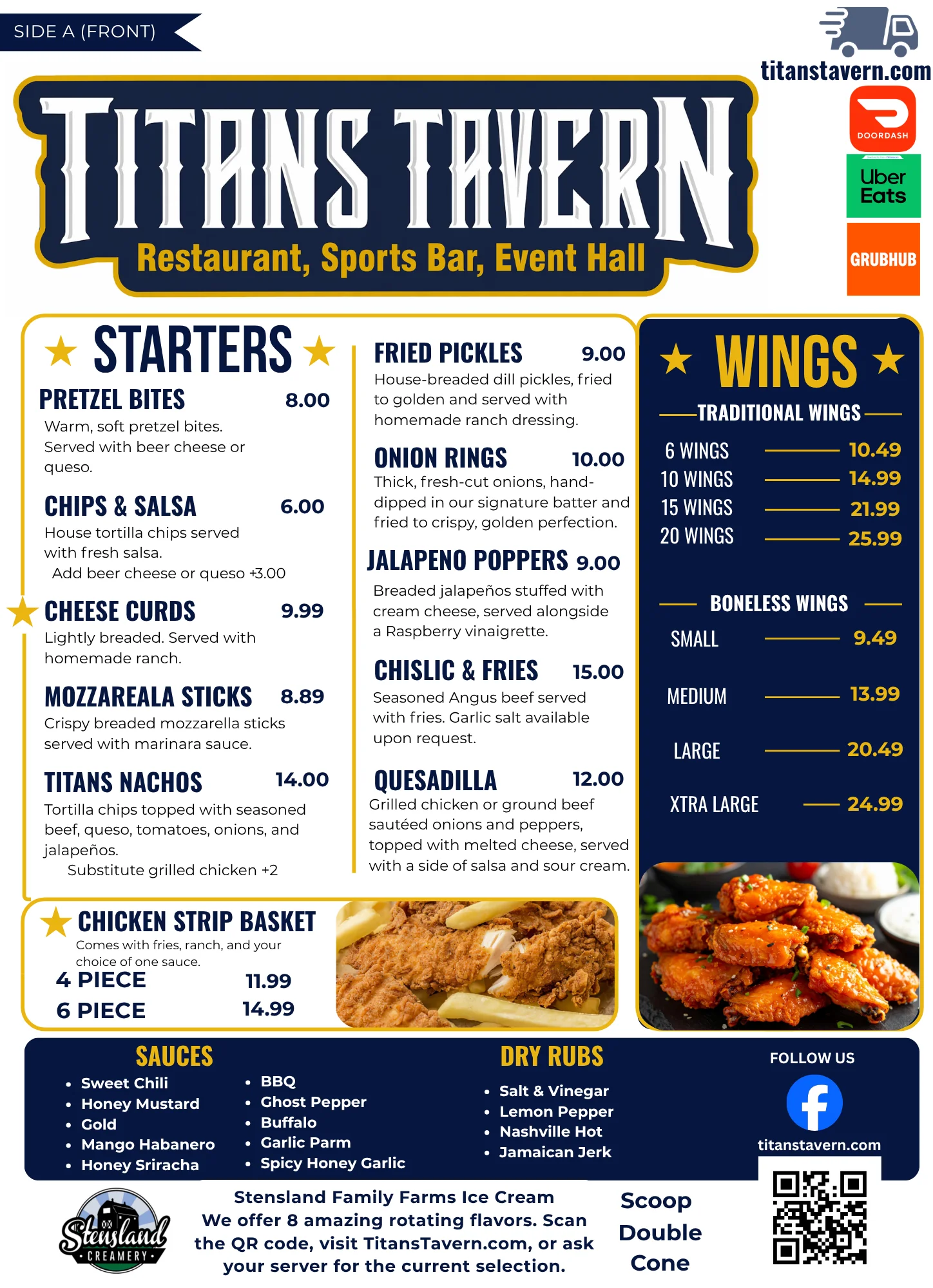 Menu for Titans Tavern featuring starters, wings, and sauces.