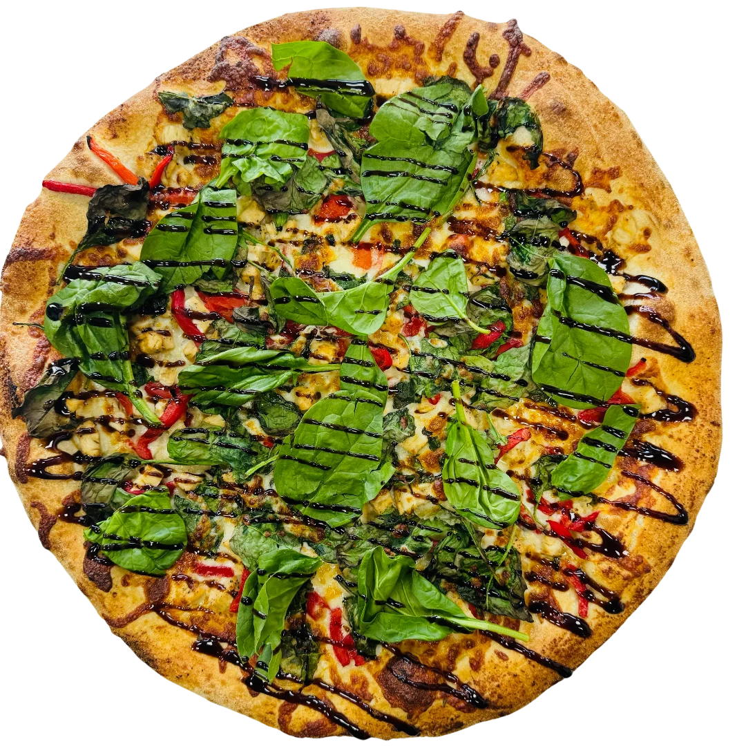 Pizza with chicken, spinach, balsamic