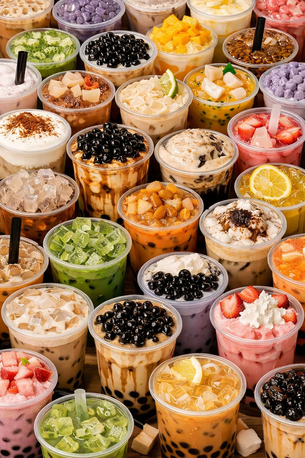 Variety of colorful bubble teas in clear cups