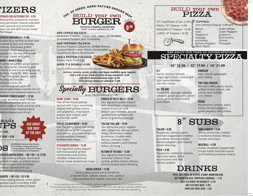 Please note we are currently only offering Online Ordering and Carry Out for Pizza, Salads and Subs.  If you are interested in placing a carry out order from the grill, you will need to come in and place the order in person! Thank you for your continued support!  ~Tim & Christin~
