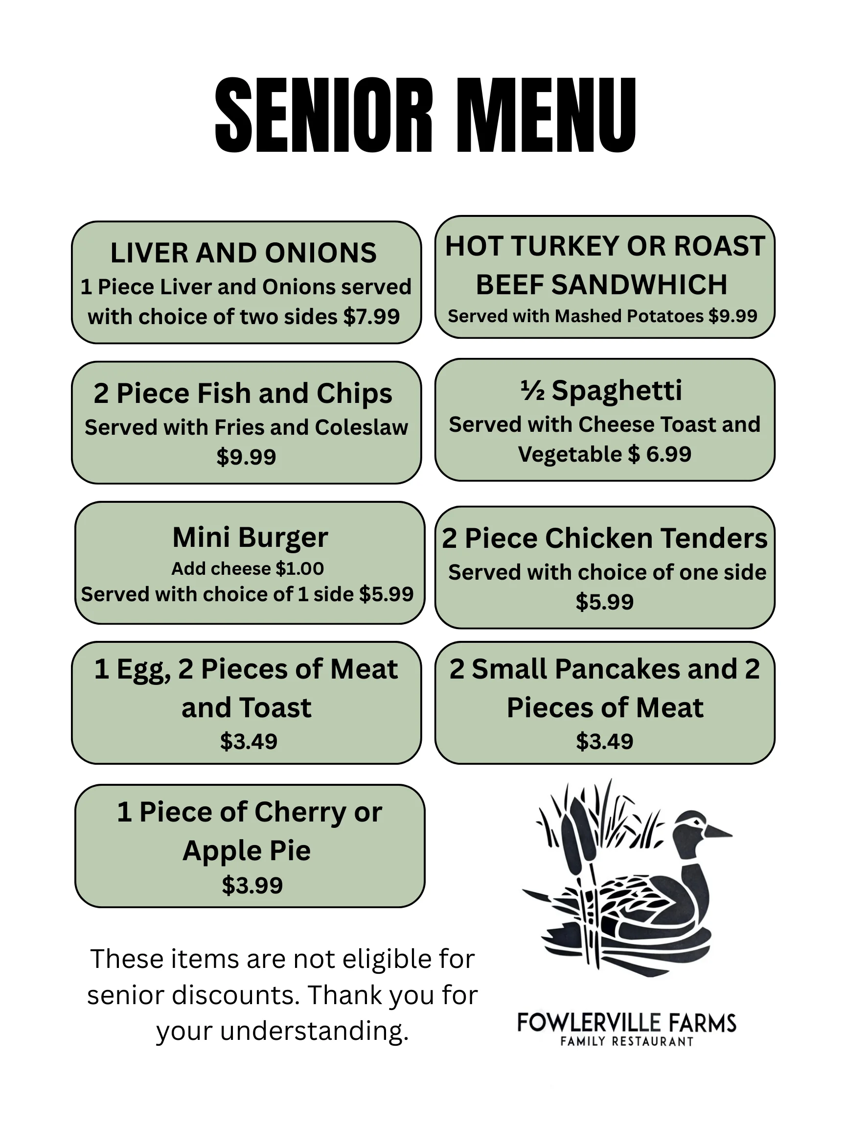 Senior menu featuring classic American comfort food options