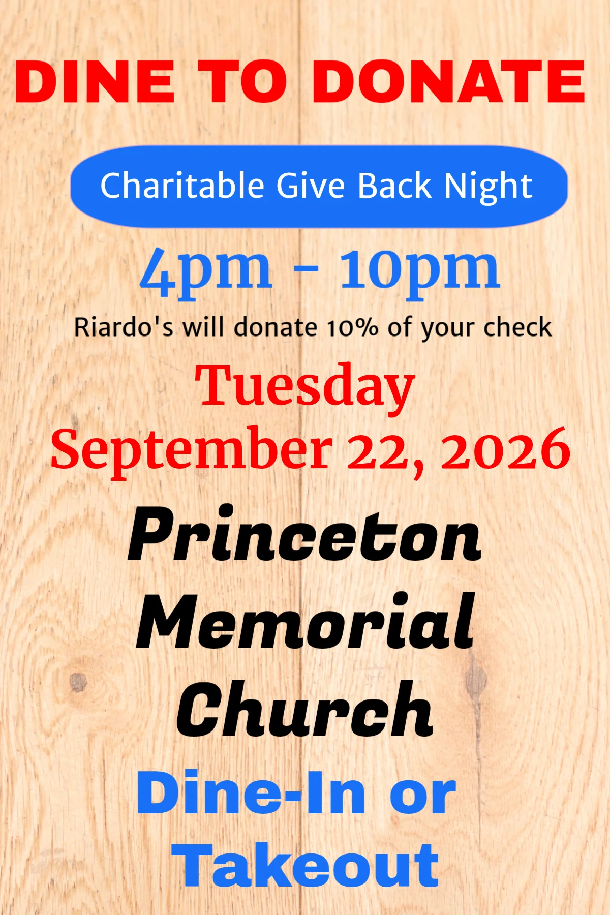 Promotional flyer for charitable dining event at Riardo's restaurant