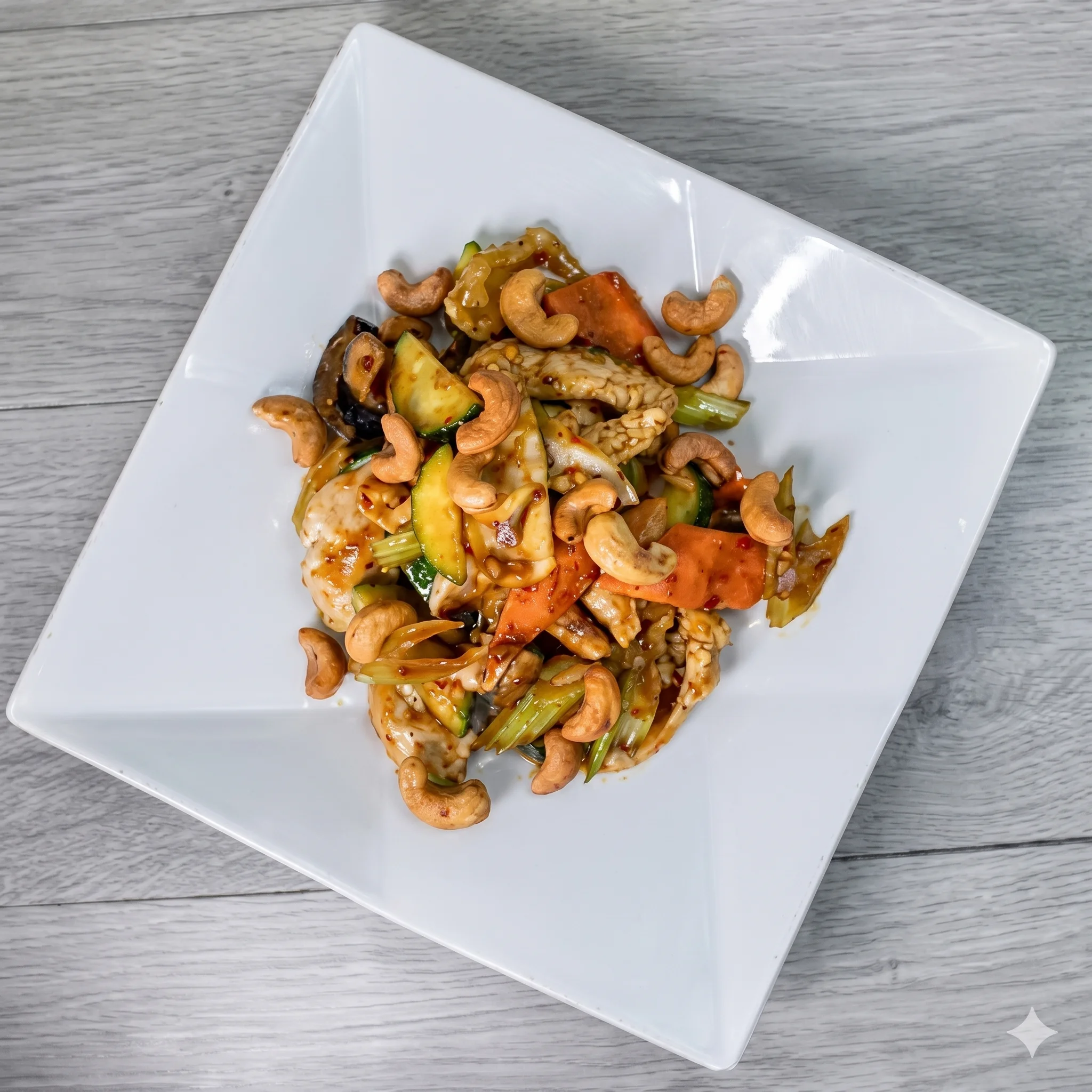 Stir-fried vegetables with cashews served in a white dish.