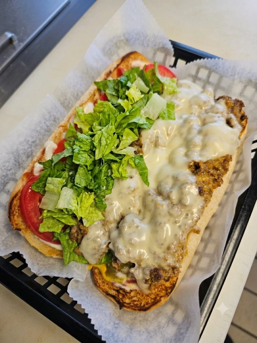 A large sandwich filled with lettuce, tomatoes, and a creamy sauce, served in a toasted hoagie bun.