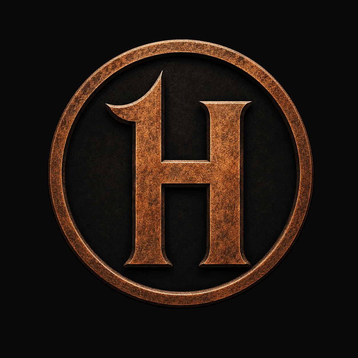 Stylized bronze letter 'H' logo on a dark background