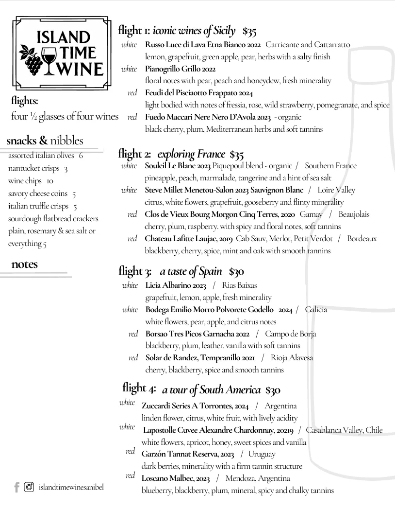 Wine flight menu featuring selections from Sicily, France, Spain, and South America