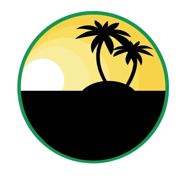 Tropical island silhouette with palm trees and sunset