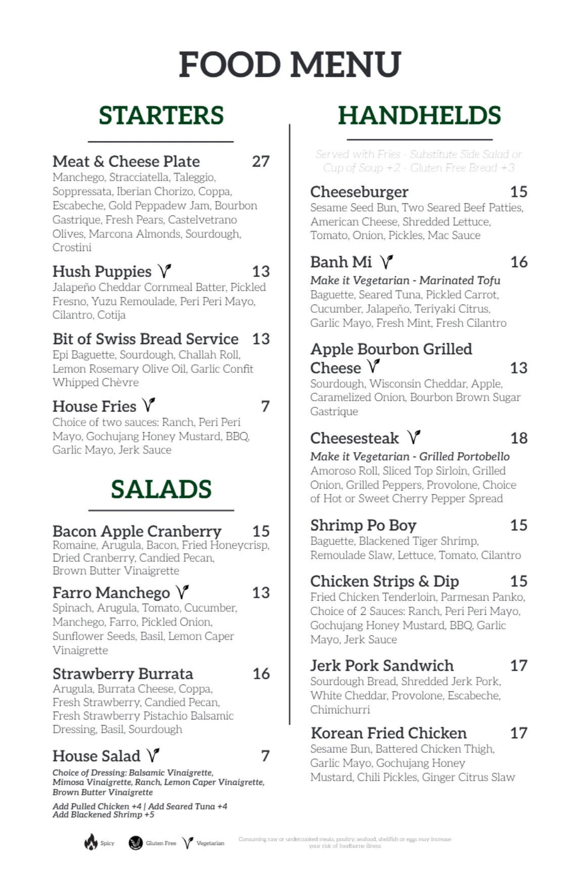Food menu page featuring various dishes and prices.
