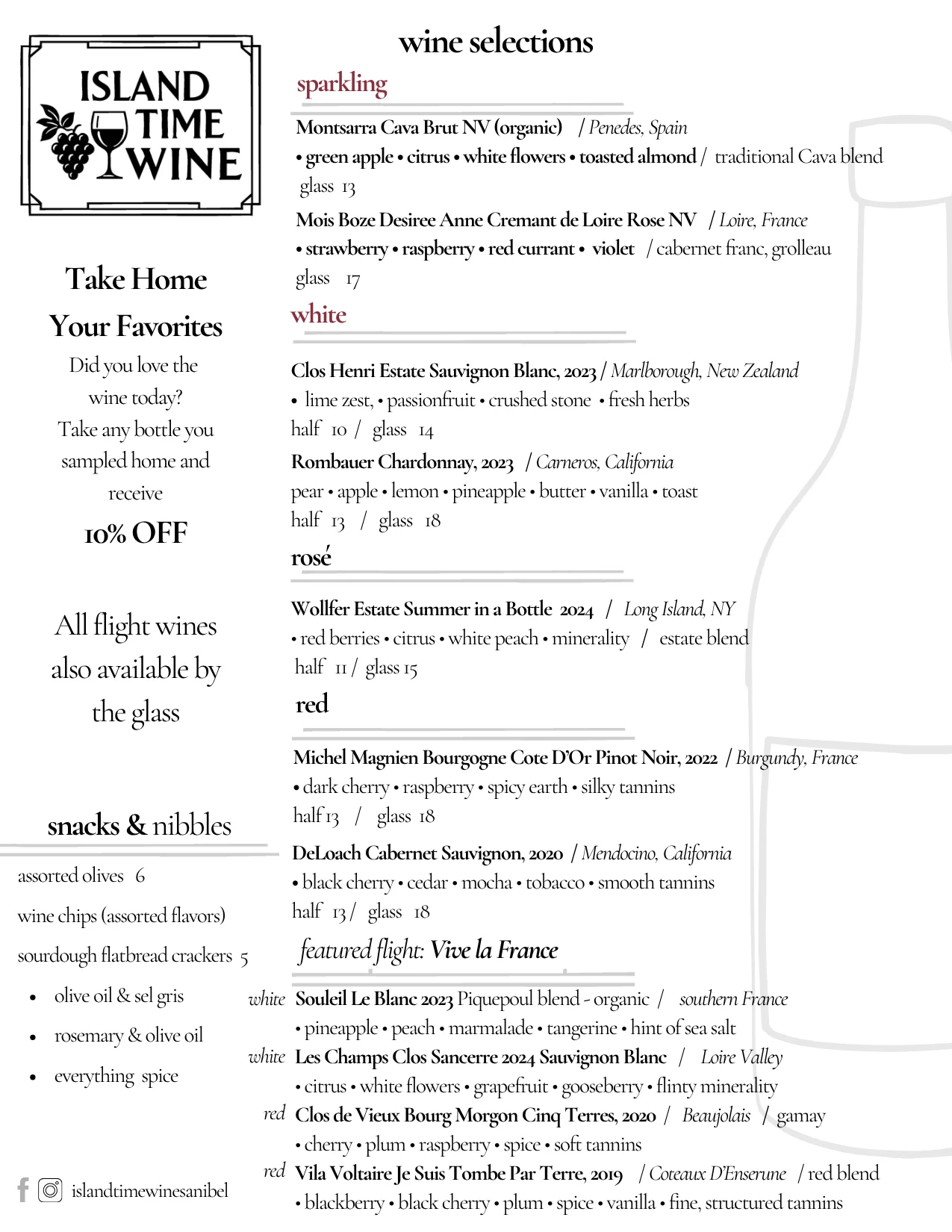 Wine list featuring sparkling, white, rosé, and red wines with snacks and nibbles