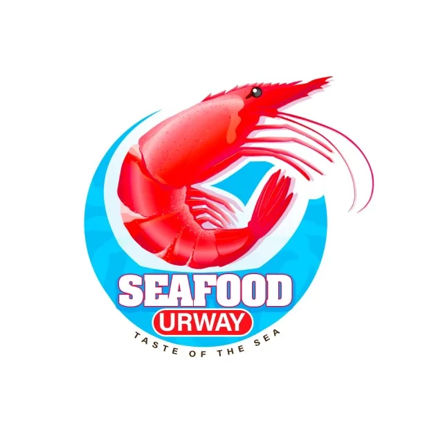 A vibrant logo featuring a red shrimp against a blue background, surrounded by a circular design. The text 'SEAFOOD URWAY' and 'TASTE OF THE SEA' is included.