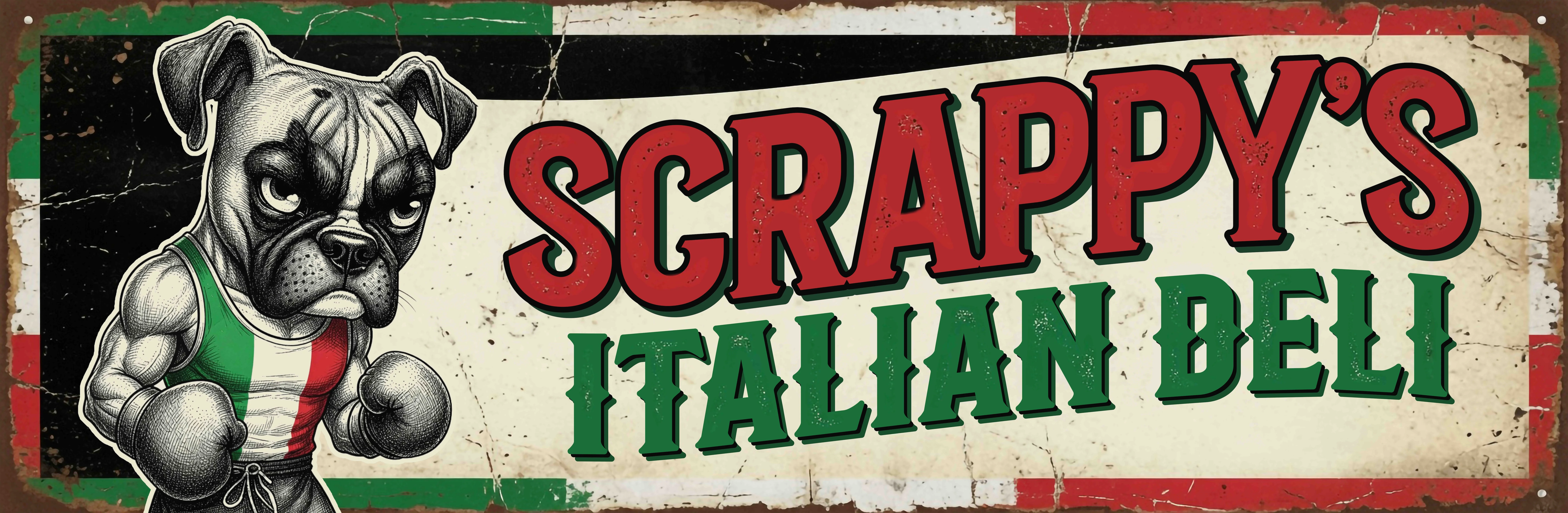 Vintage Italian deli logo featuring a muscular bulldog