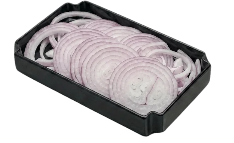 Sliced red onions arranged in a black tray.