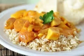 Savory Jamaican curry with rice and vegetables