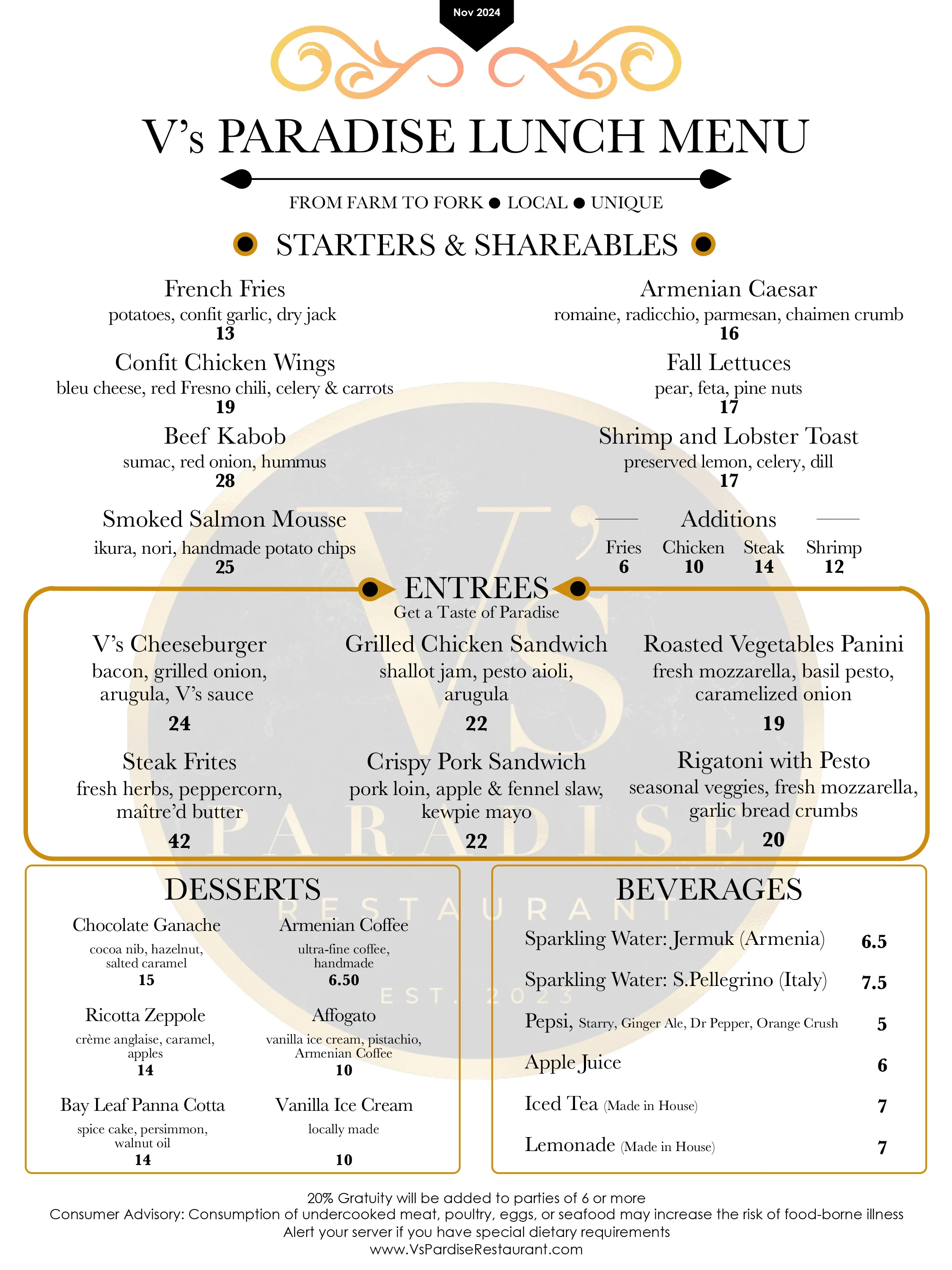 V's Paradise lunch menu featuring diverse global dishes