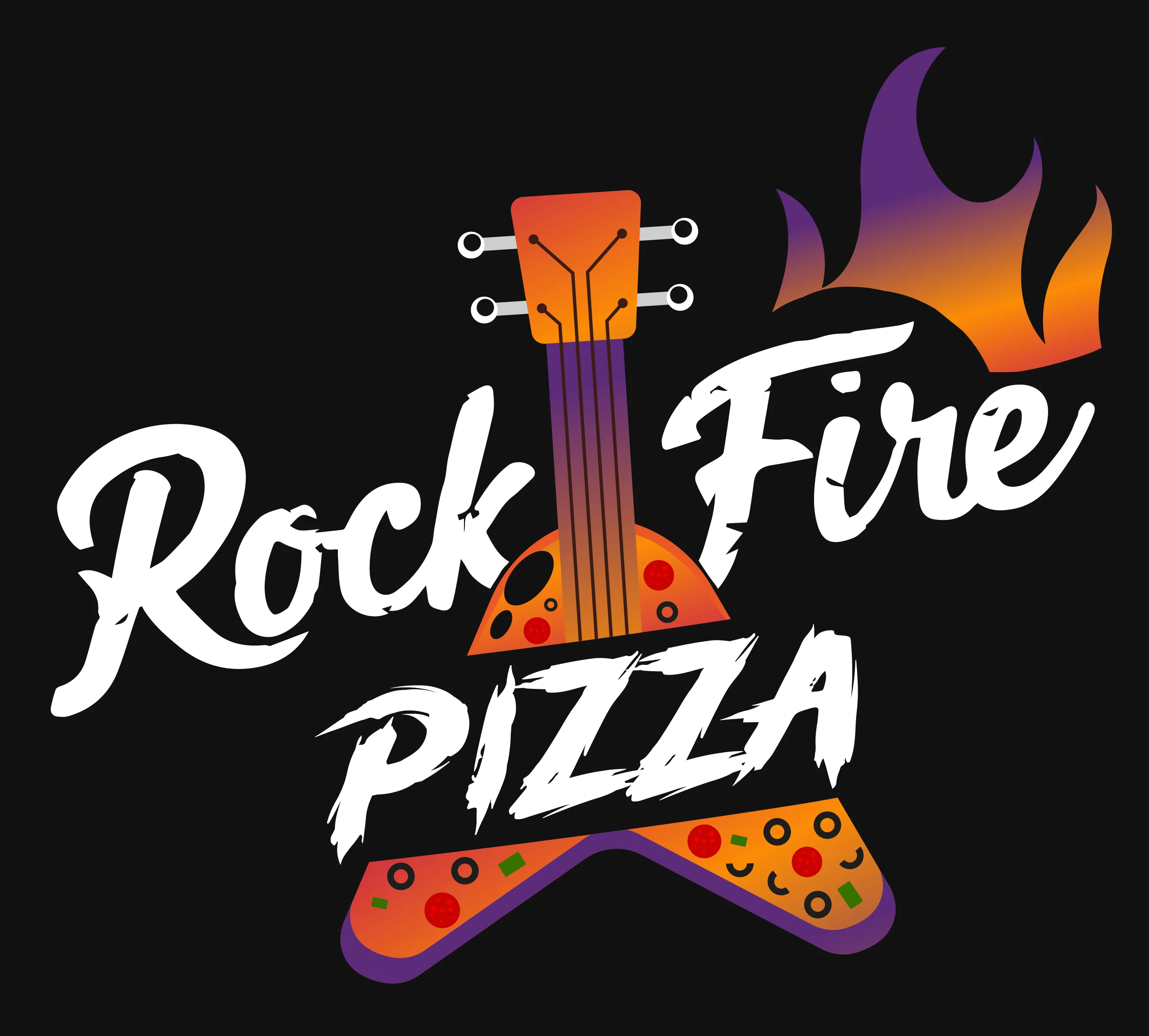Rock-themed pizza logo with guitar and flames