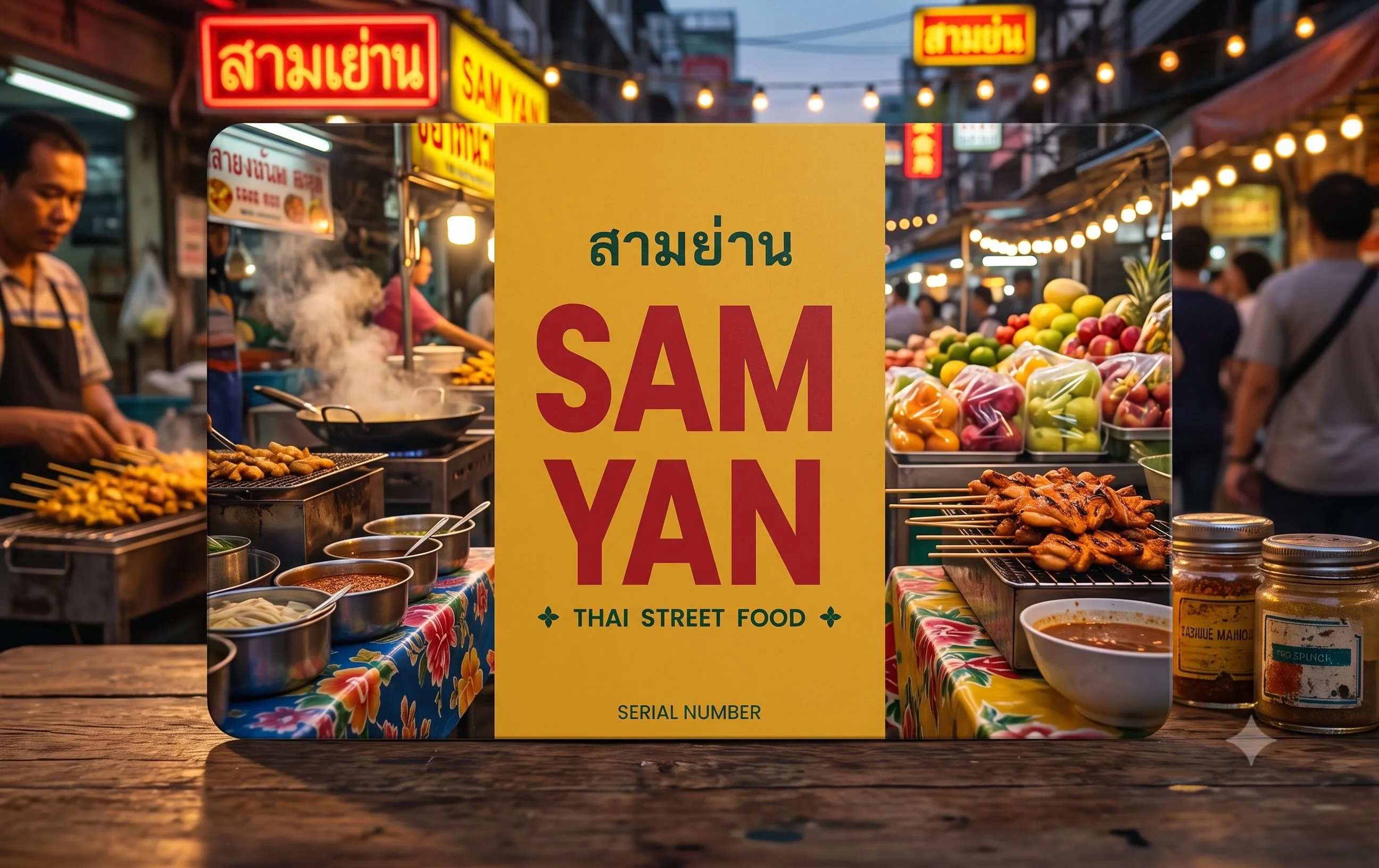 Vibrant Thai street food stall with skewers and fresh produce