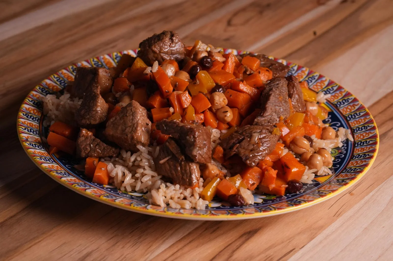 Generous serving of traditional Uzbek Plov with beef and rice at Samarkand Nights Brooklyn