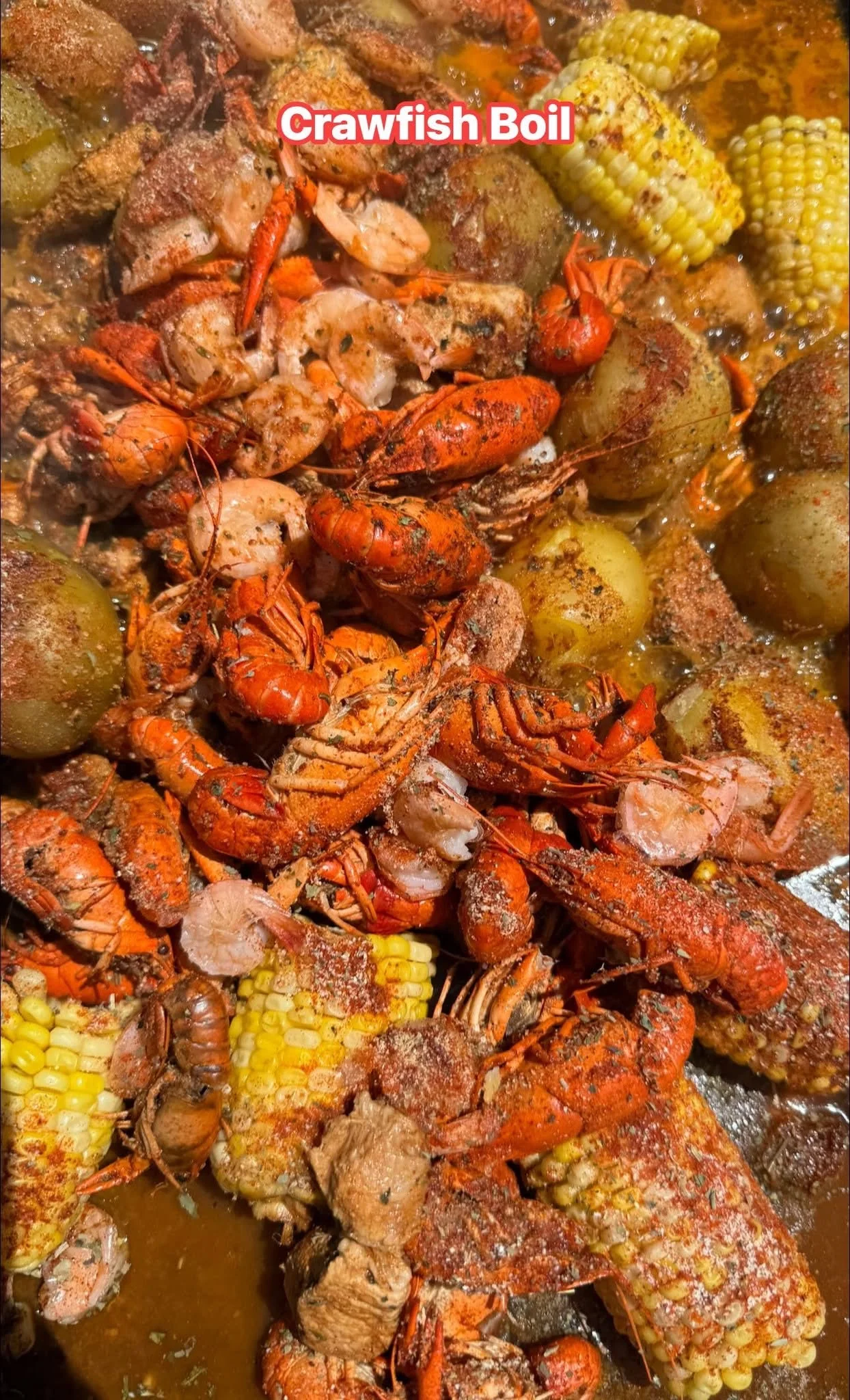 Louisiana crawfish boil with shrimp and corn