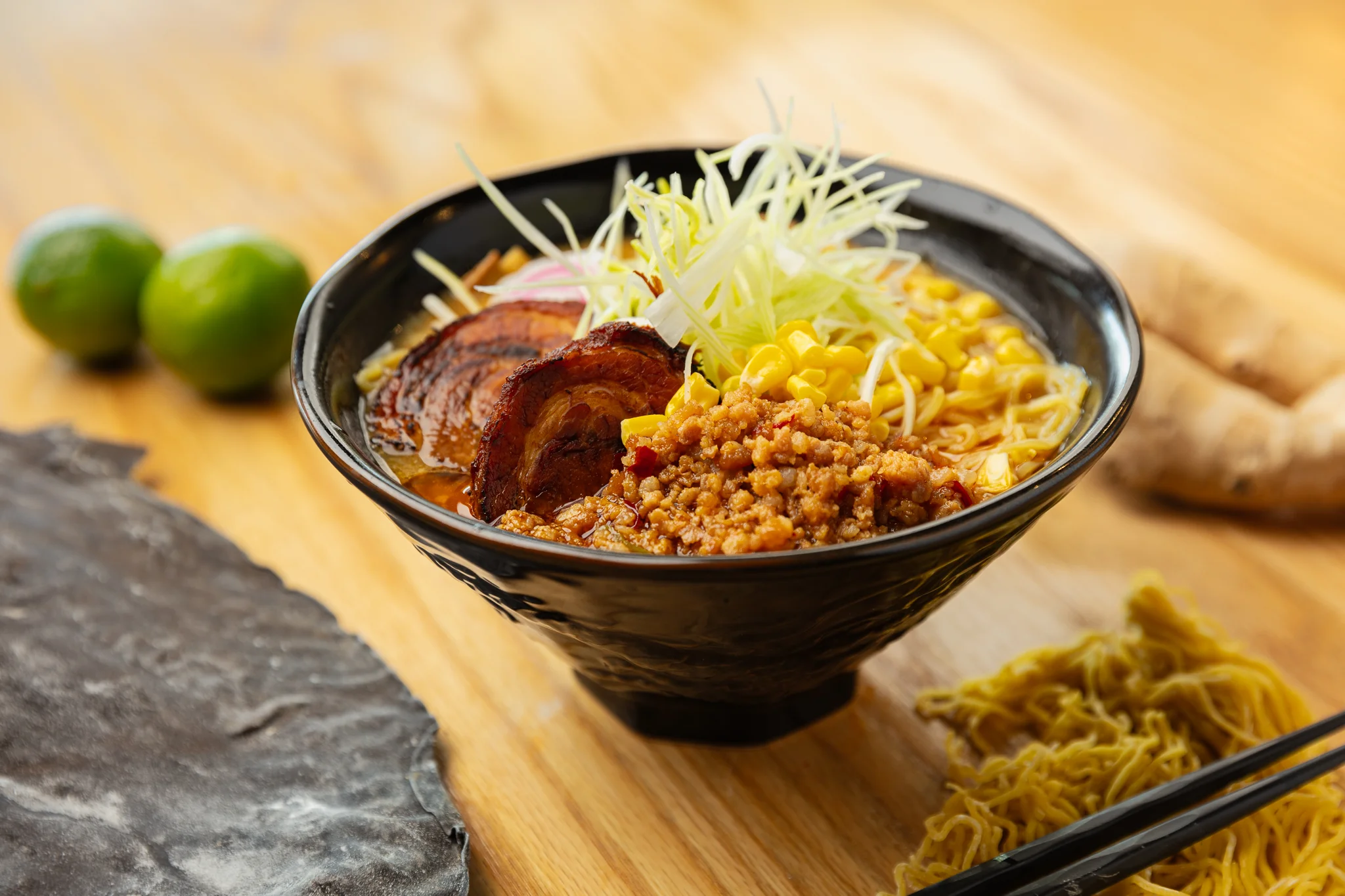 Bowl of Japanese ramen with pork and toppings