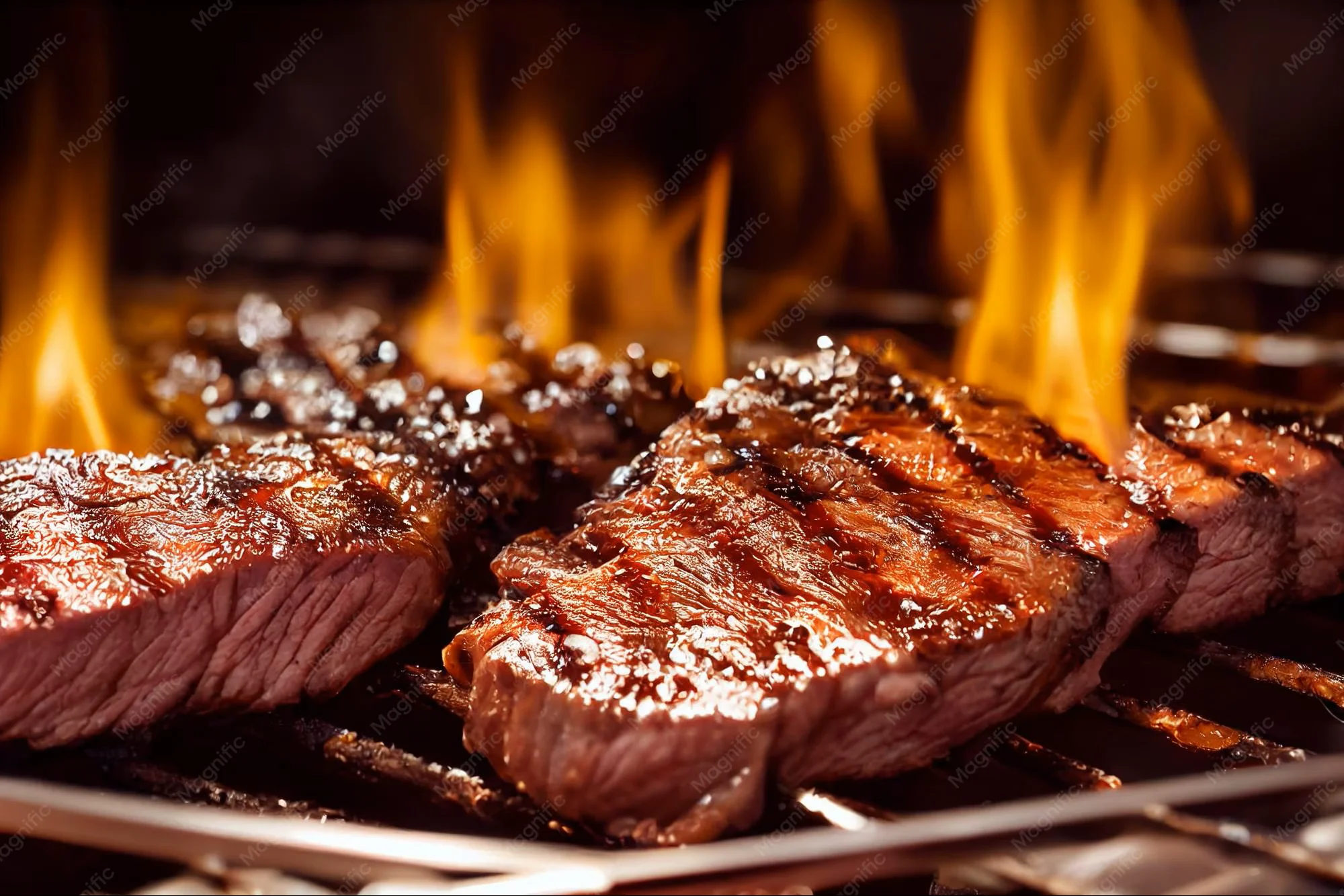 Two raw ribeye steaks seasoned with salt and pepper on a metal surface.