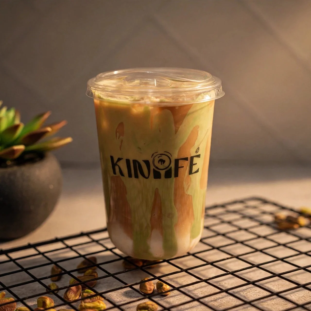 A lineup of iced drinks in transparent cups, showcasing various flavors and layers, all branded with 'Kinofé'.