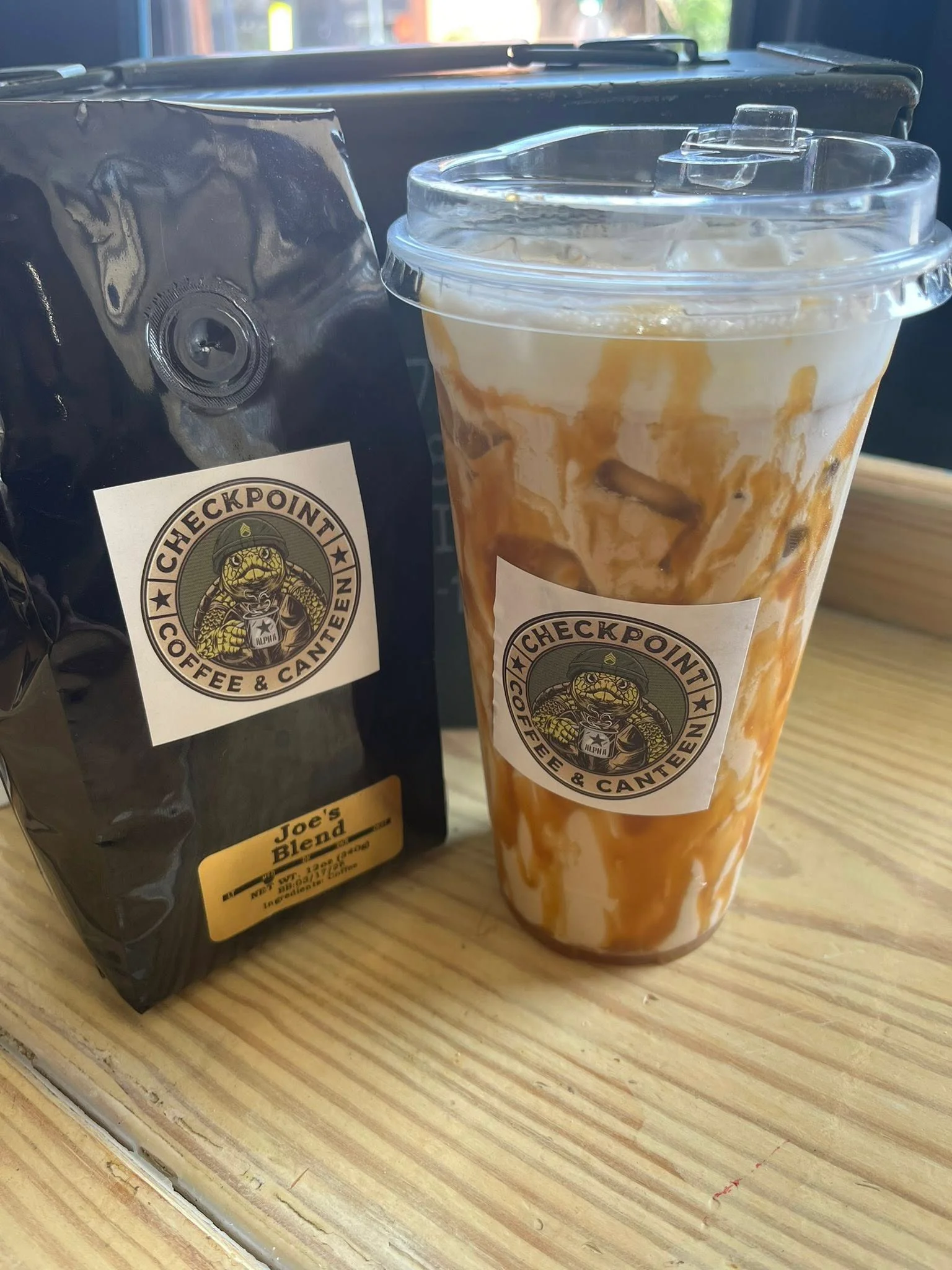 Iced caramel coffee drink from Checkpoint Coffee