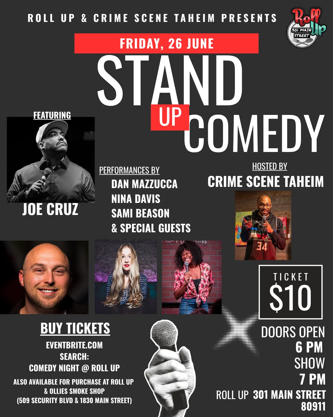 Comedy Night event poster featuring performers and details.