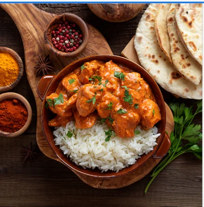 Creamy butter chicken served with basmati rice
