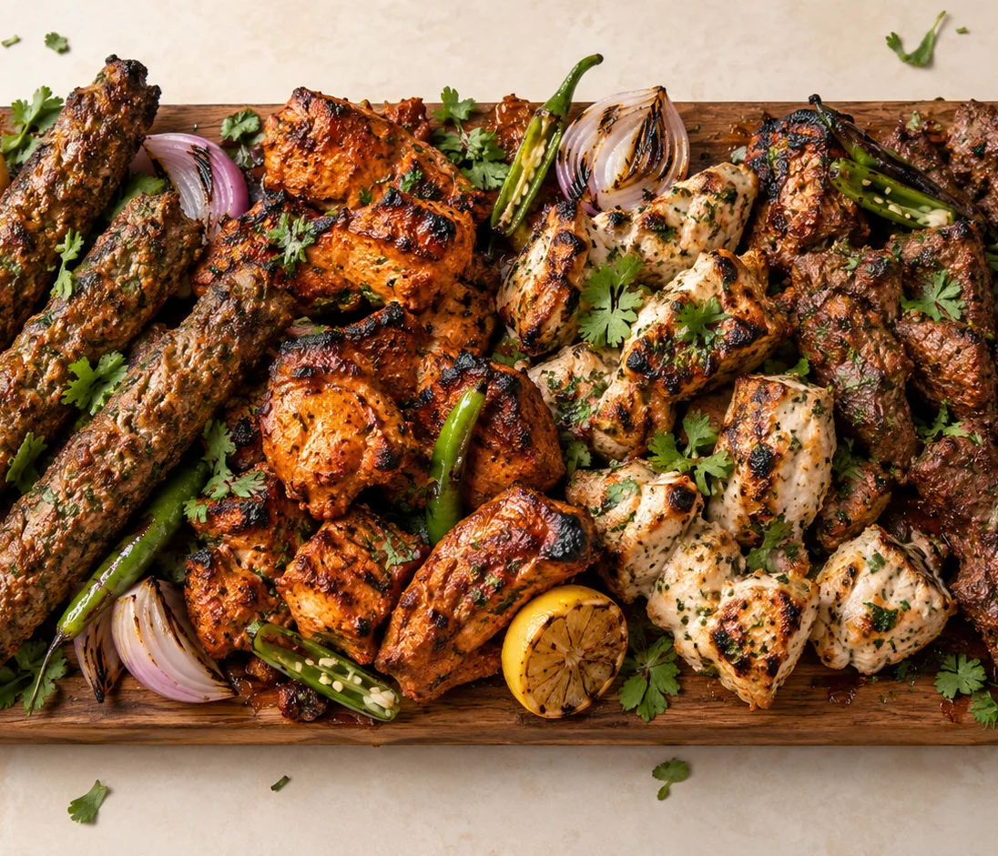 Close-up of a richly lit spread of South Asian and Middle Eastern dishes on a wooden table, including grilled kebabs, a gyro wrap, biryani, curry, naan, samosas, and dipping sauces.