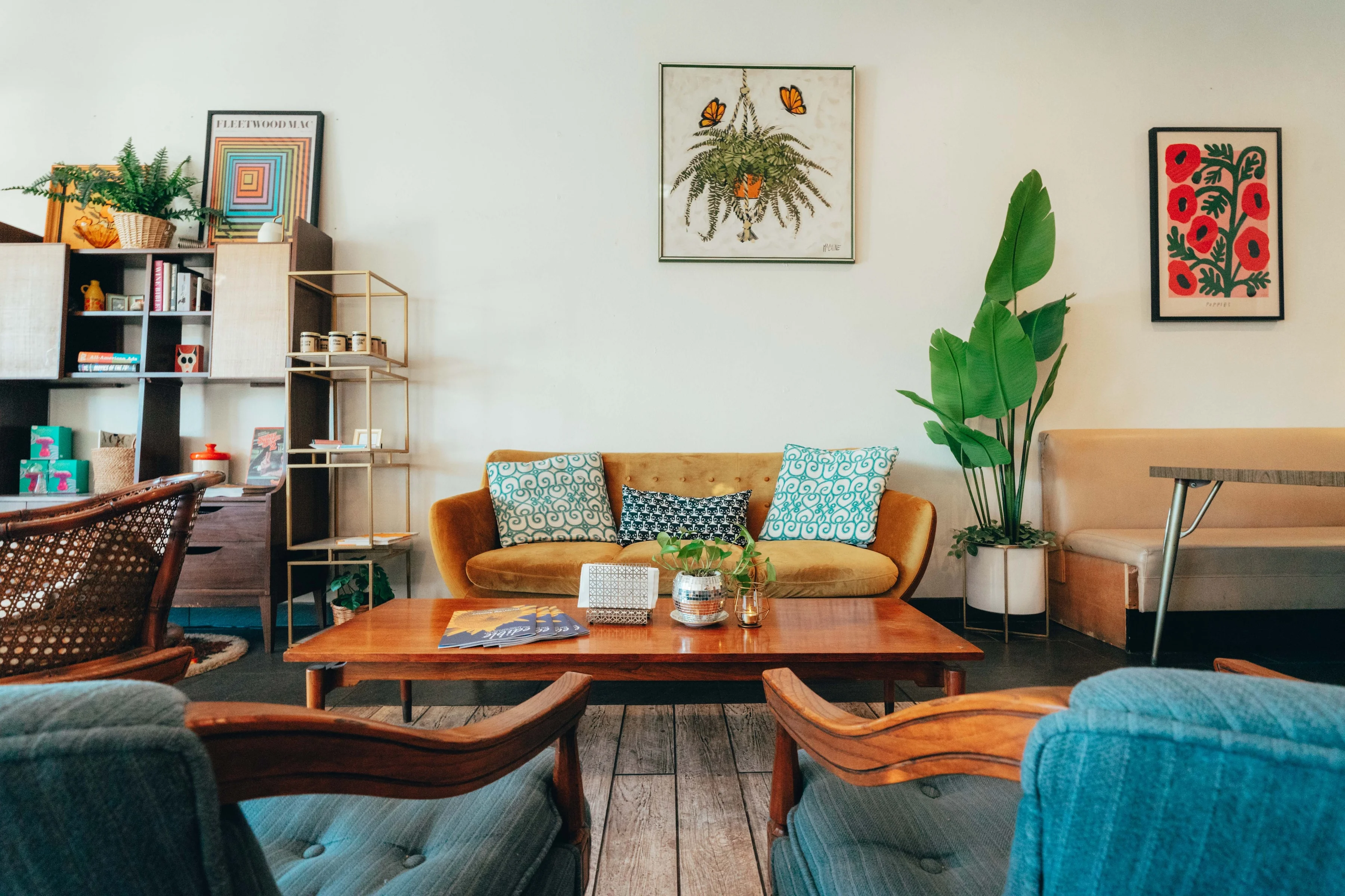 Cozy café interior with vintage furniture and plants