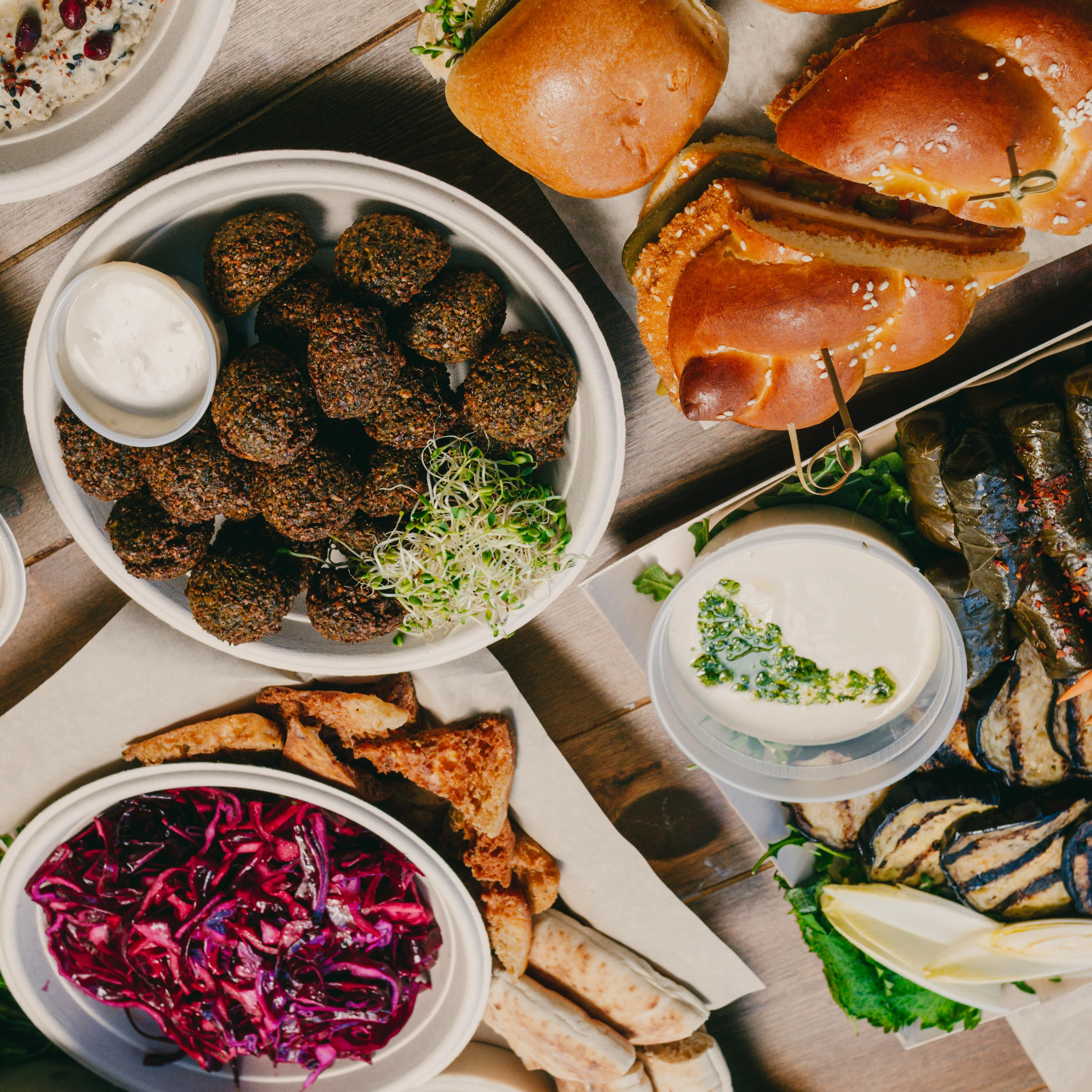Mediterranean mezze platter with falafel and dips