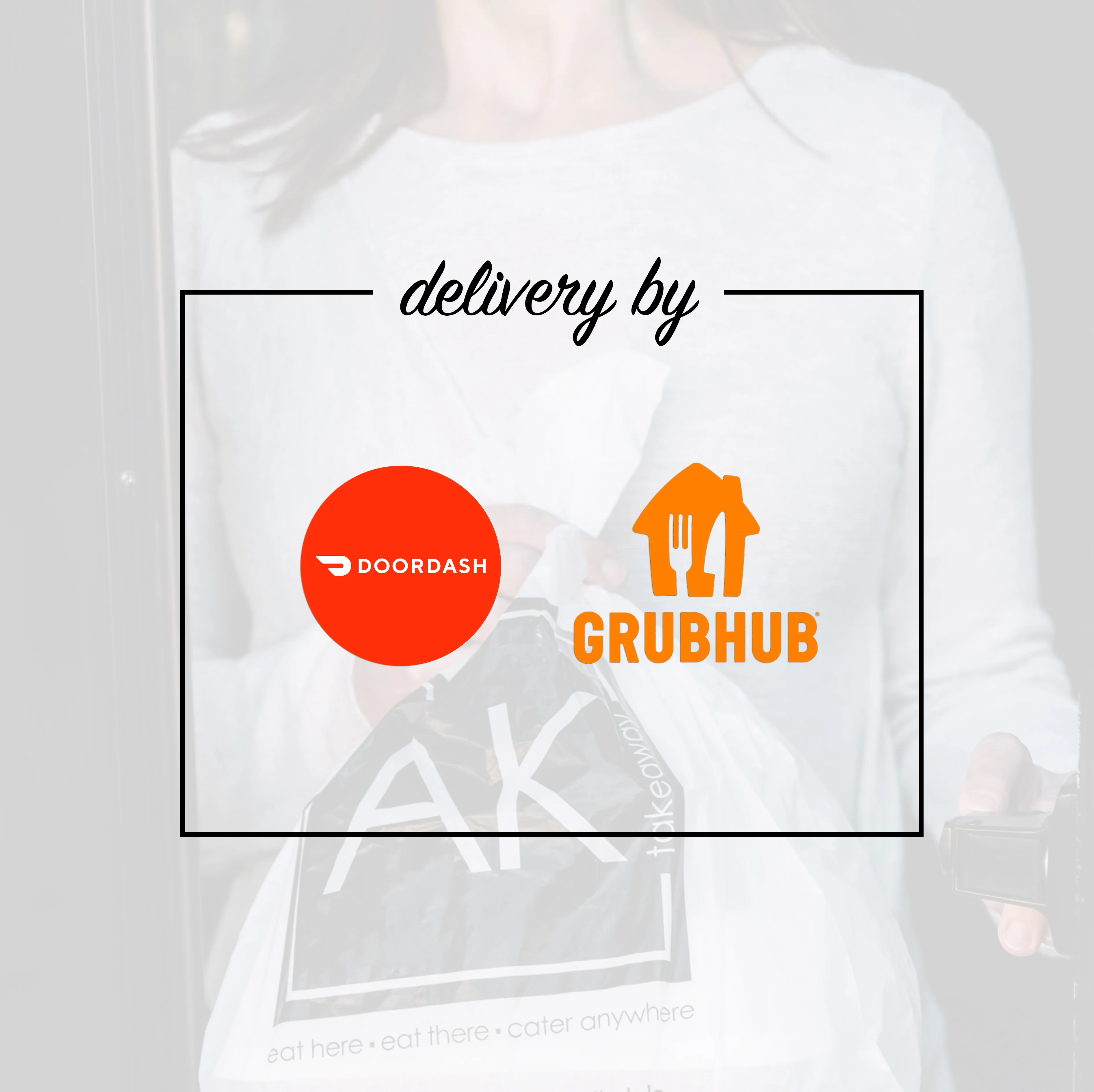 Delivery service logos for DoorDash and Grubhub with a takeaway bag