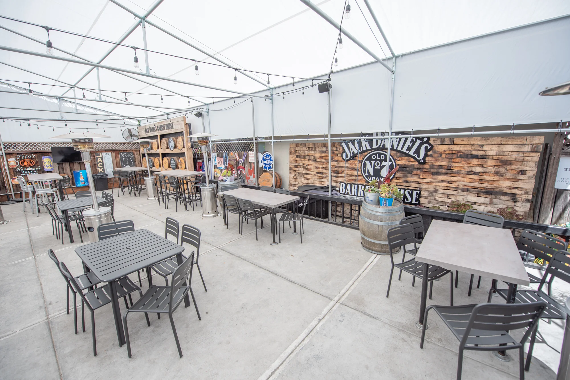 Outdoor dining area with rustic decor and seating