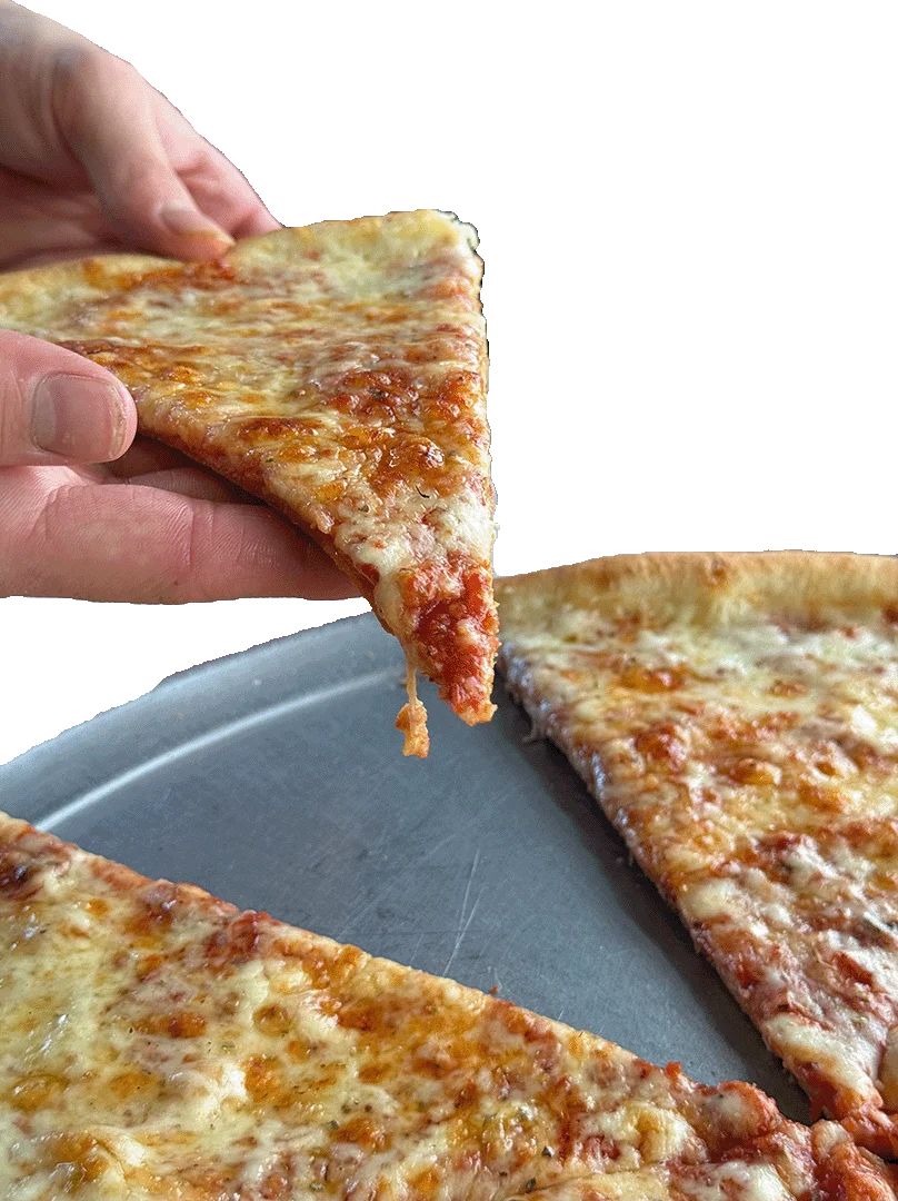 Cheesy Margherita pizza slice being pulled from a tray