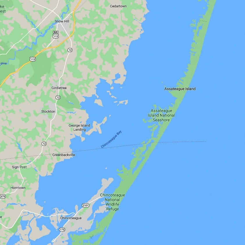 Map showing Assateague Island and Chincoteague National Wildlife Refuge